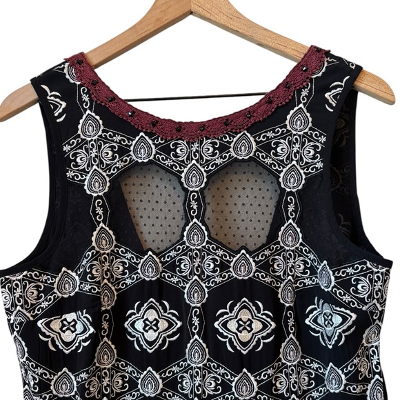 Free People Nights Embroidered Black & White Drop Waist Deep V Back Dress Size S - Picture 3 of 16